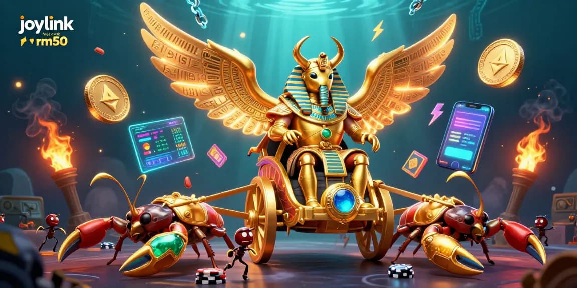 Experience the excitement of joylink free credit rm50 with a vibrant 3D casino scene featuring a colossal golden scarab.