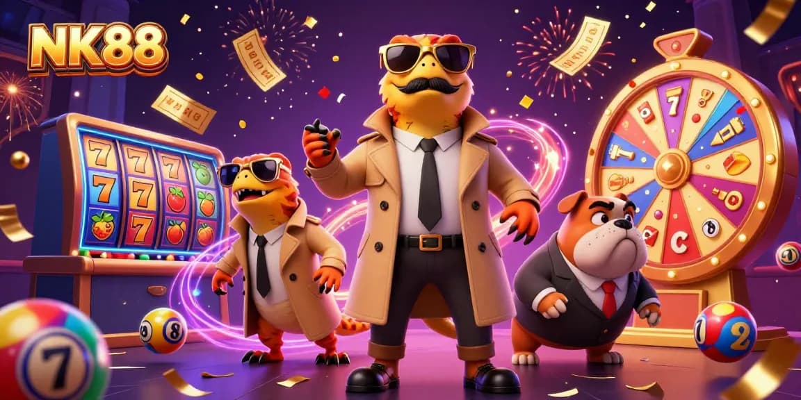 Join the excitement of NK88 with vibrant slot reels and playful characters in a lively casino atmosphere.