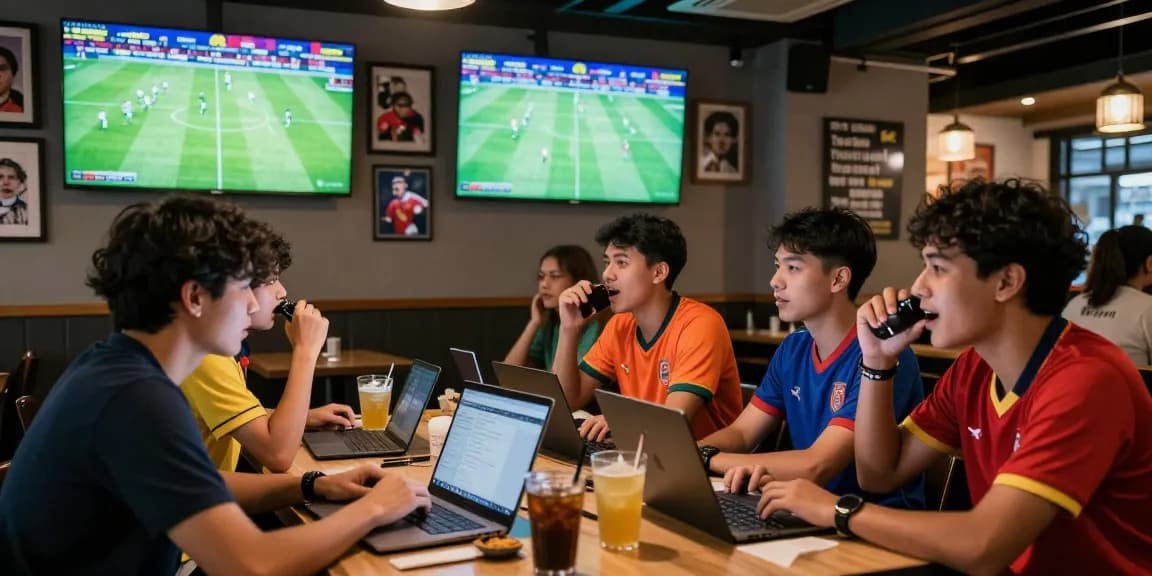 Exciting football betting scene in Malaysia with friends watching live sports and engaging in betting