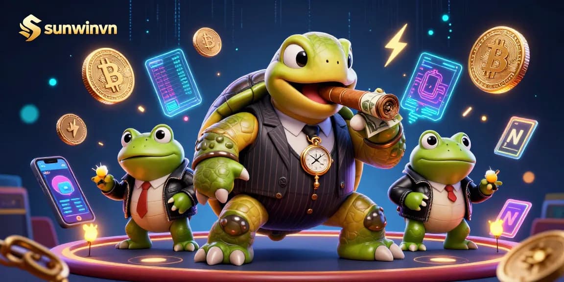Experience sunwinvn's vibrant 3D casino scene featuring crypto elements and dynamic characters.