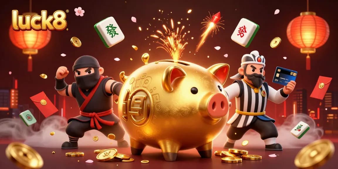 Engage with luck8's vibrant gaming scene featuring a piggy bank sumo wrestler amidst gold coins.