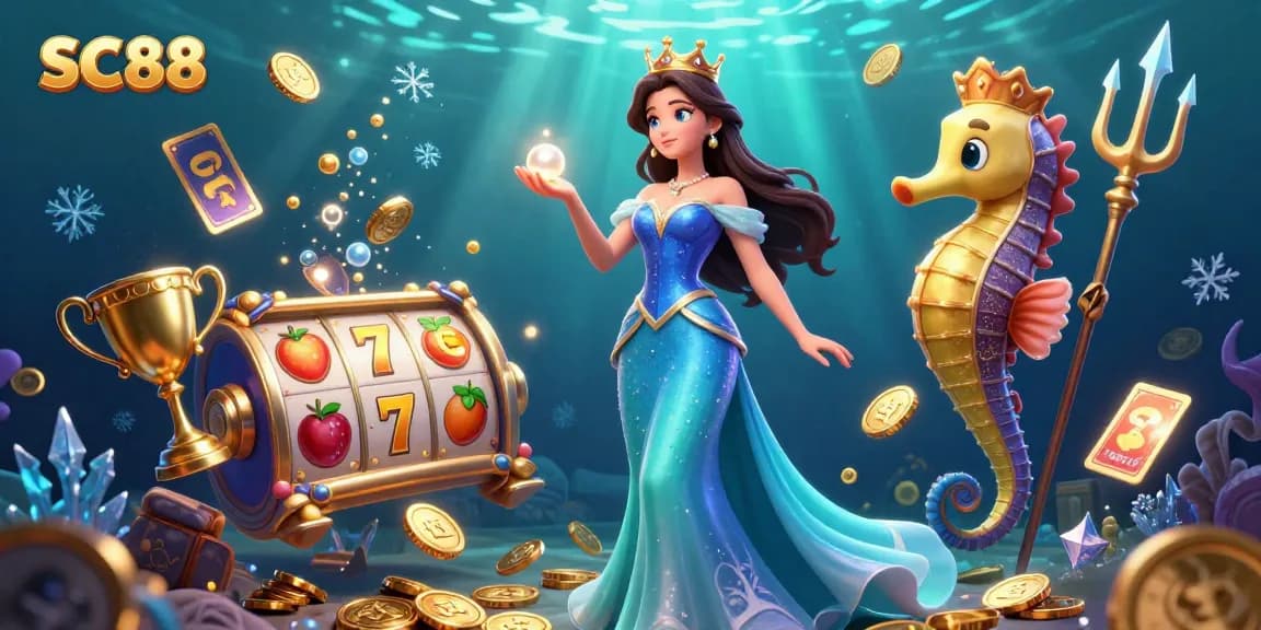Play exciting casino slots and win big with SC88's vibrant underwater illustration featuring dynamic elements.
