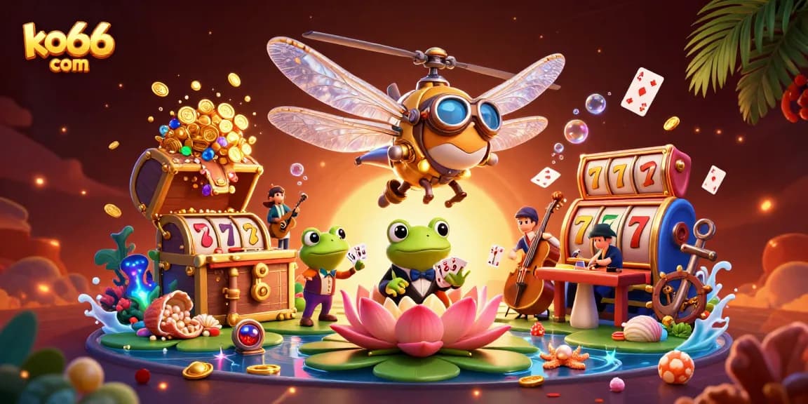 Experience the excitement at ko66 com with vibrant casino-themed details and lively characters in this engaging illustration.