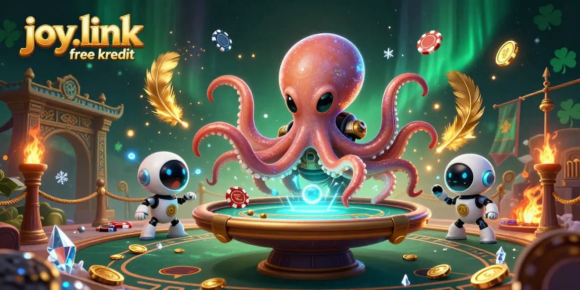Experience joy.link free kredit and play fun poker with an alien octopus and robot in a vibrant casino.