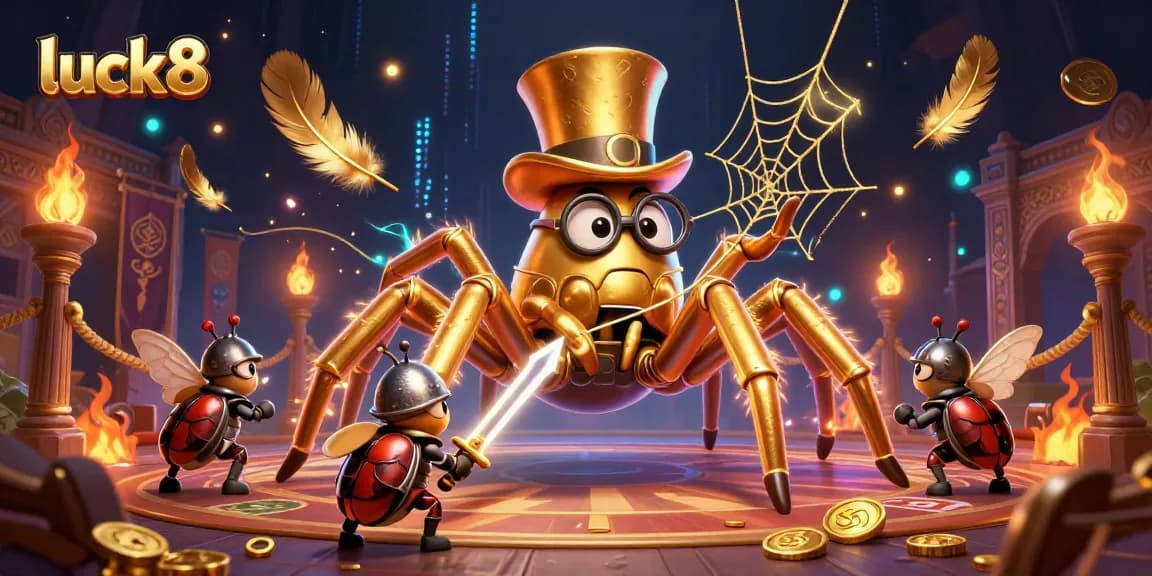Engage in luck8's thrilling casino adventure with a giant tarantula, brave beetle knight, and moth spectators.