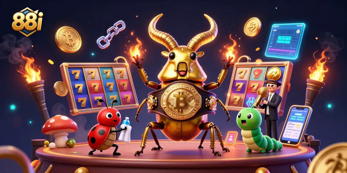 Bet big with 88i in a dynamic casino scene featuring golden beetle champions.
