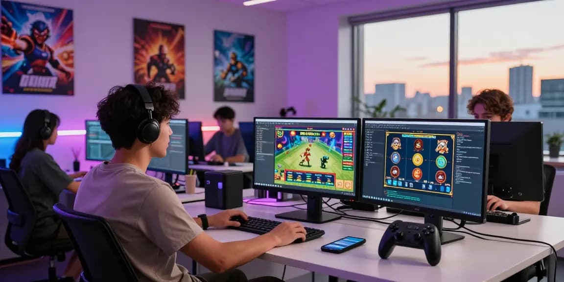 Pelaku industri IMEISLOT TECH mengembangkan permainan slot online di ruang kerja modern dengan alat canggih.