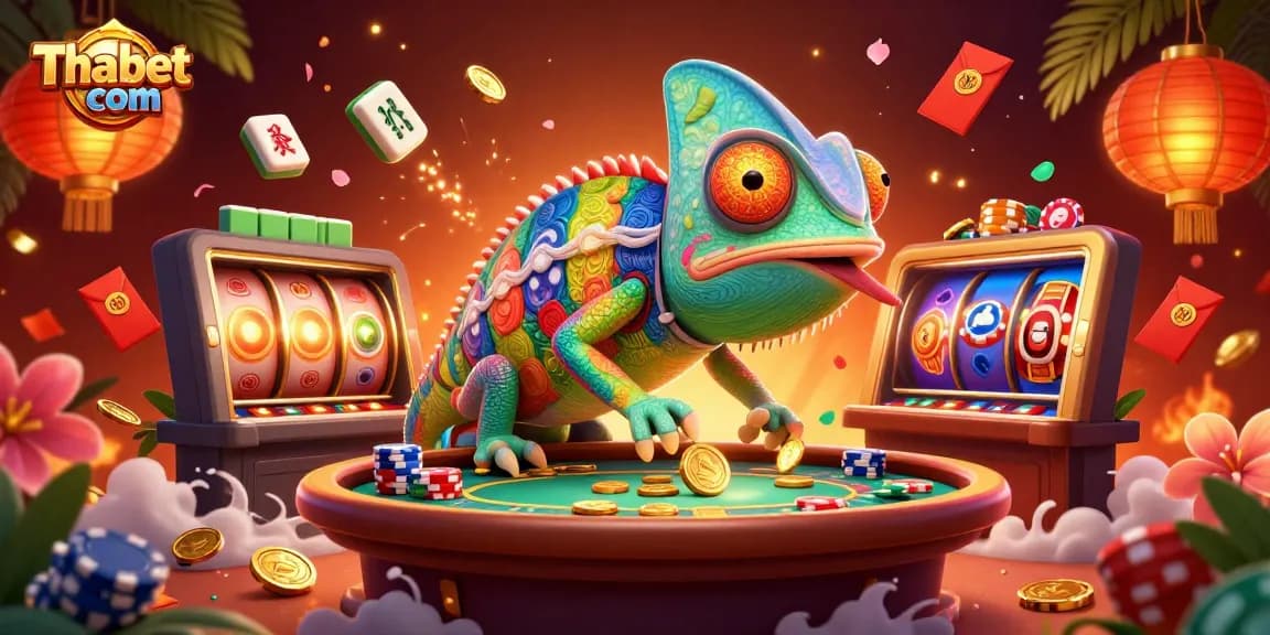 Engage with Thabet com in a vibrant digital casino world featuring a colorful chameleon and dynamic game elements.