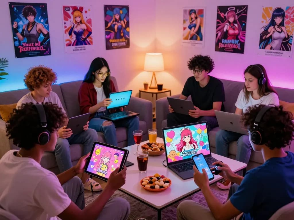 Gamers enjoying lewdspot adult visual novel games on various devices in a cozy living room