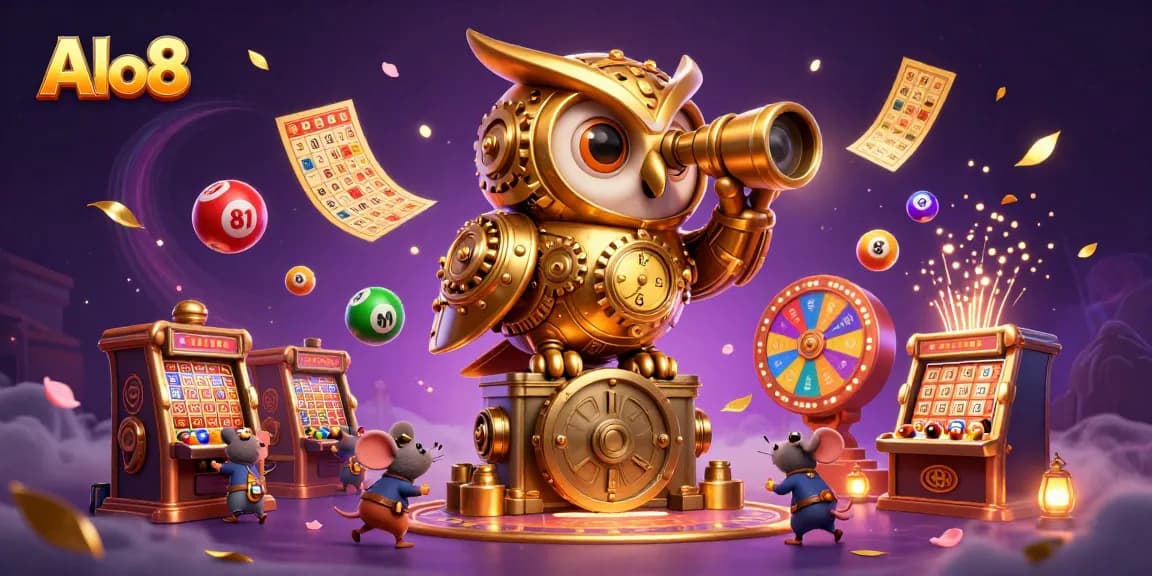 Alo8 presents a vibrant casino scene featuring a golden owl overlooking lively games and lottery elements.