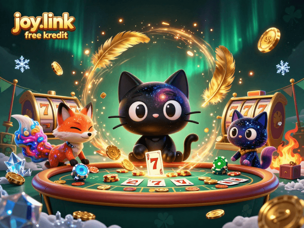 Experience joy.link free kredit at a vibrant cosmic casino table with a cartoon black hole cat.