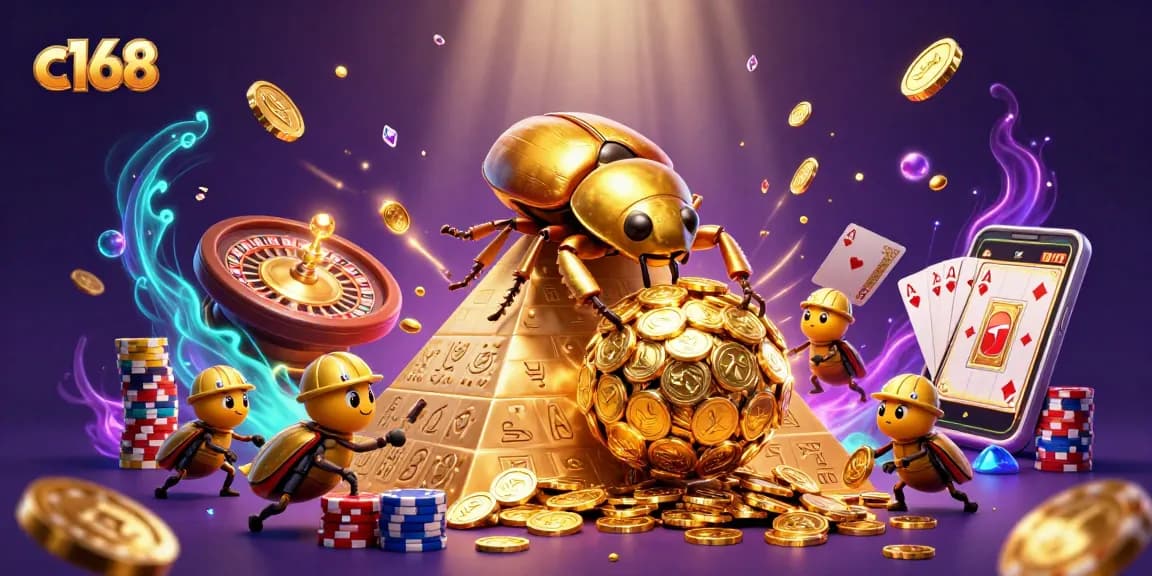 Experience excitement at c168 with a golden dung beetle rolling coins in a vibrant casino scene.