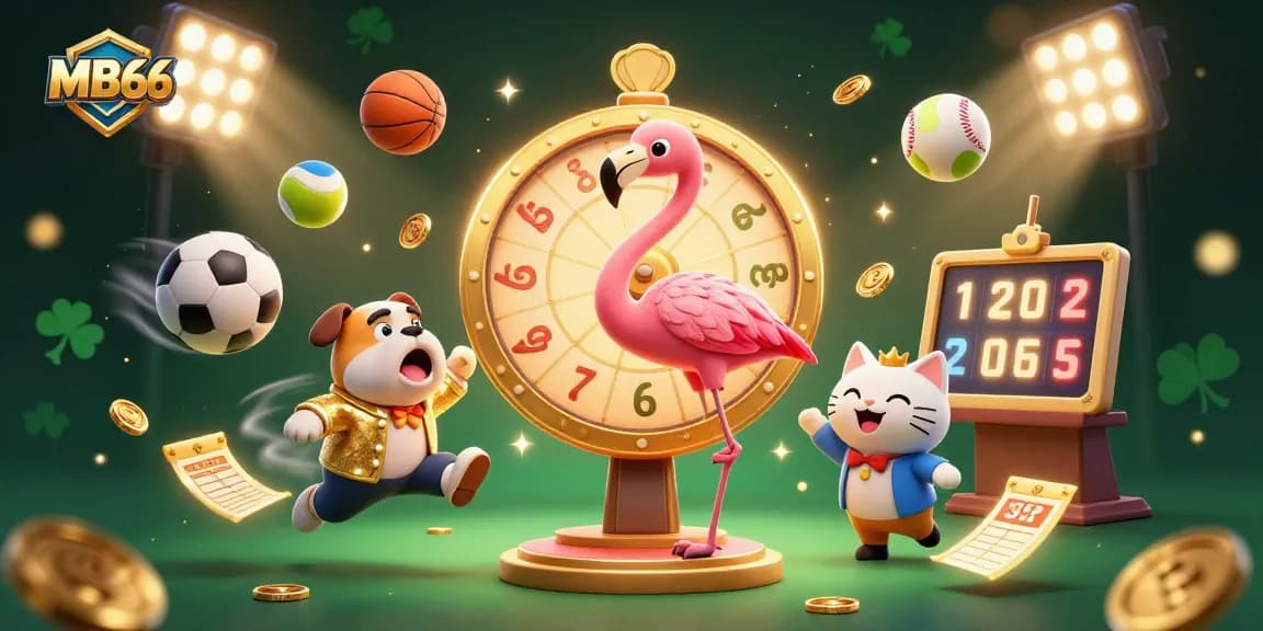 Engage in thrilling MB66 gameplay with a dynamic scene of a game show host, bulldog contestant, and scoreboard cat, showcasing exciting sports betting.