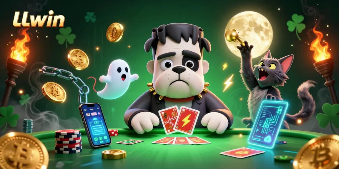 Engaging LLwin experience with a 3D cartoon bulldog and werewolf kitten at a glowing casino table.