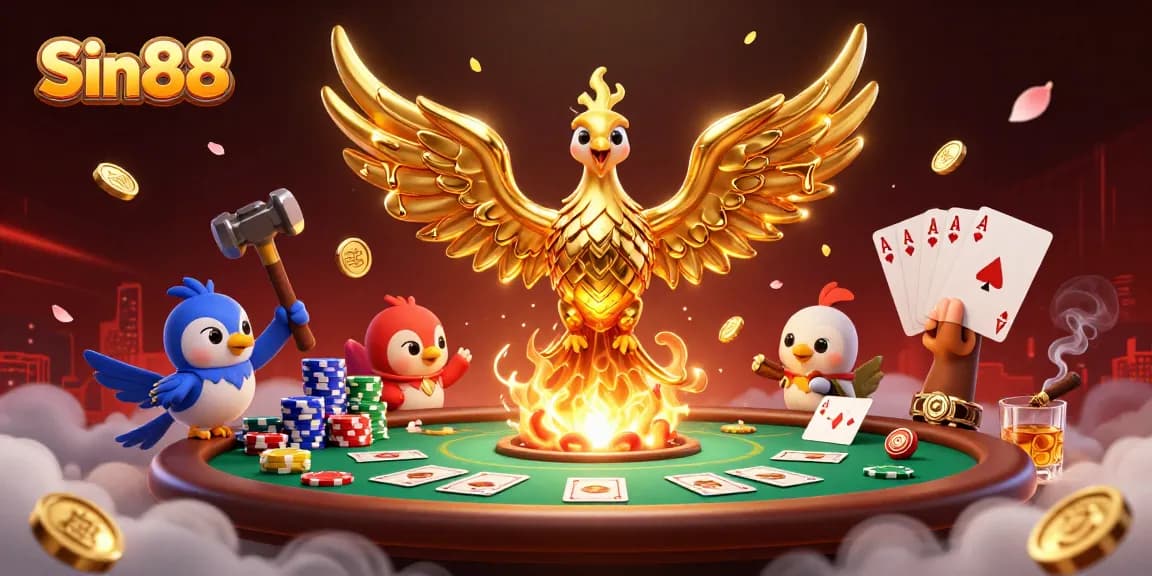 Experience thrilling gameplay at Sin88 with a vibrant, gold-themed casino illustration showcasing exciting poker elements.
