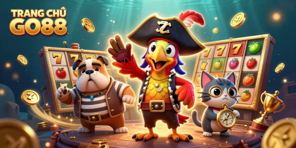 Play dynamic slots at TRANG CHỦ GO88 while enjoying an exciting casino atmosphere with colorful characters.