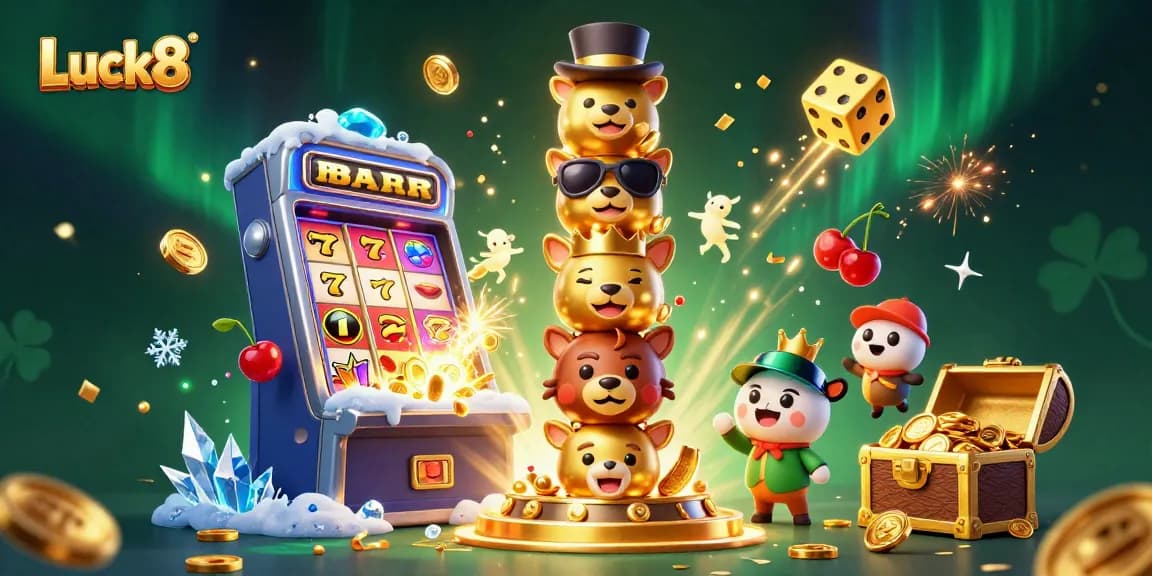 Experience thrilling casino excitement at Luck8 with vibrant slot machine action and cartoon totem art.