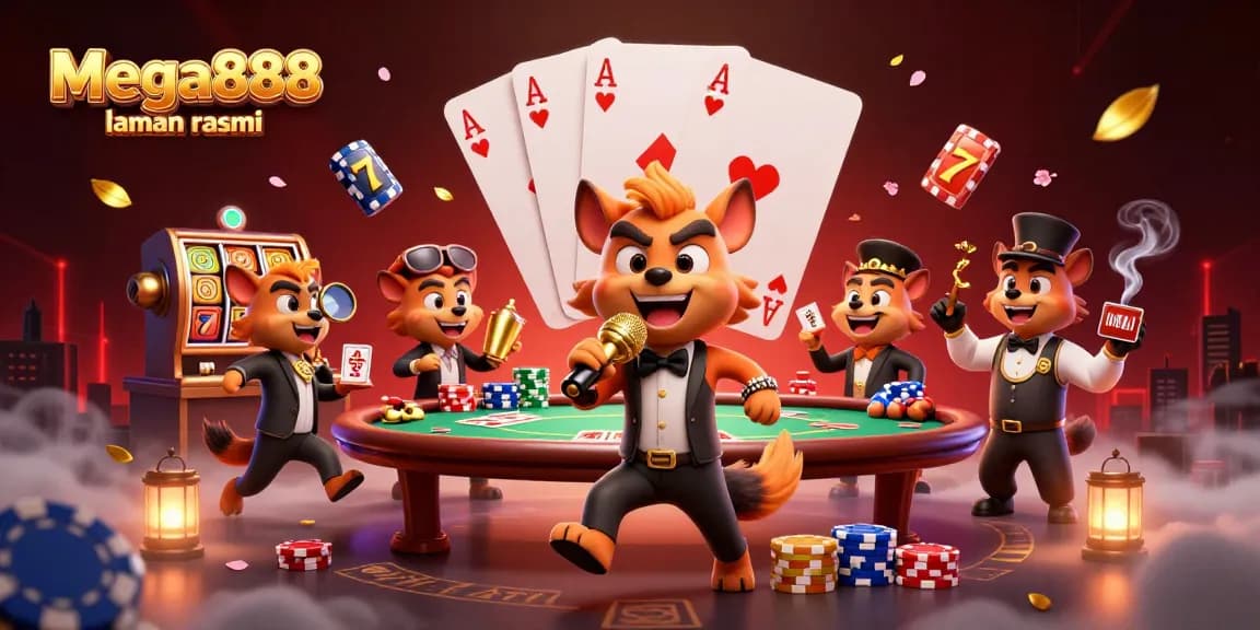Mega888 laman rasmi engaging players at a lively comedy casino scene with vibrant gaming elements