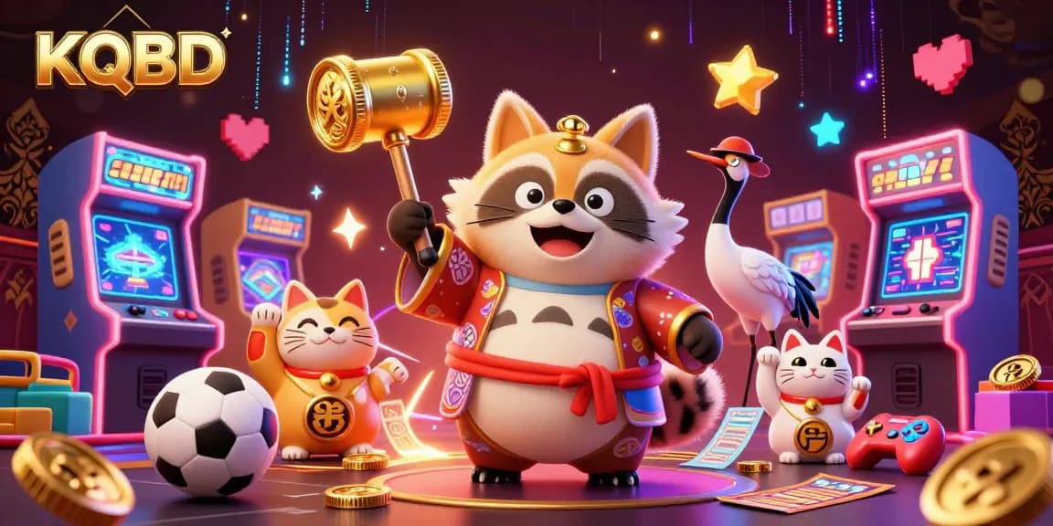 KQBD showcases a vibrant, dynamic sports betting scene with a cheerful tanuki and colorful characters amidst exciting gaming elements.