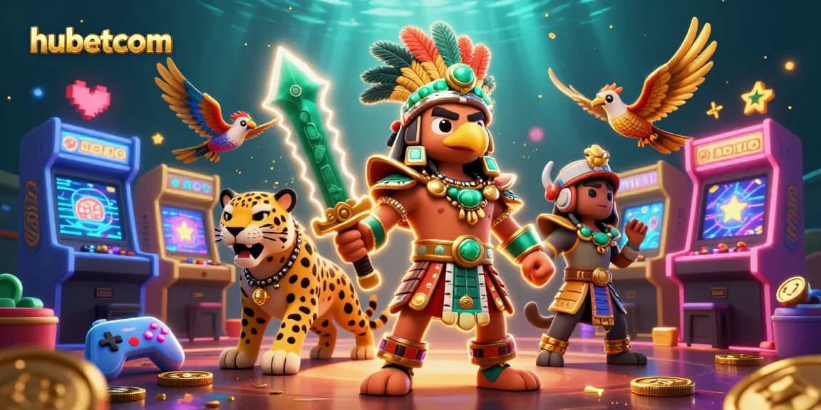 Engage with hubetcom's thrilling gaming scene featuring dynamic Aztec warrior elements and arcade charm.