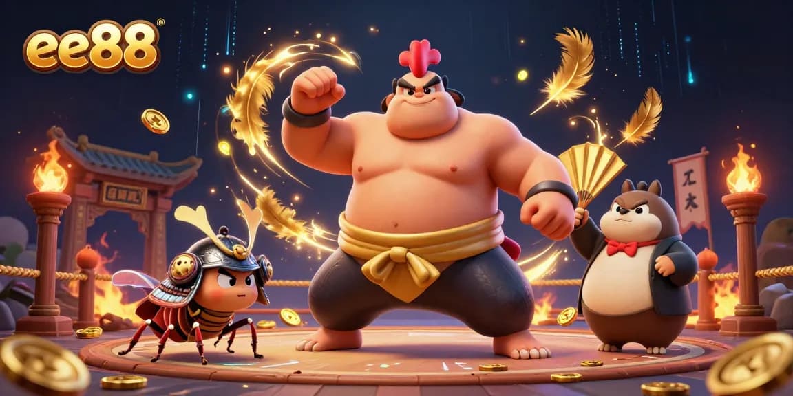 Experience dynamic entertainment at ee88 with an energetic sumo rooster and samurai cricket.