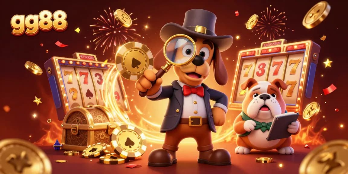 Play exciting games with gg88 featuring a vivid 3D scene of a detective dog exploring gambling clues.