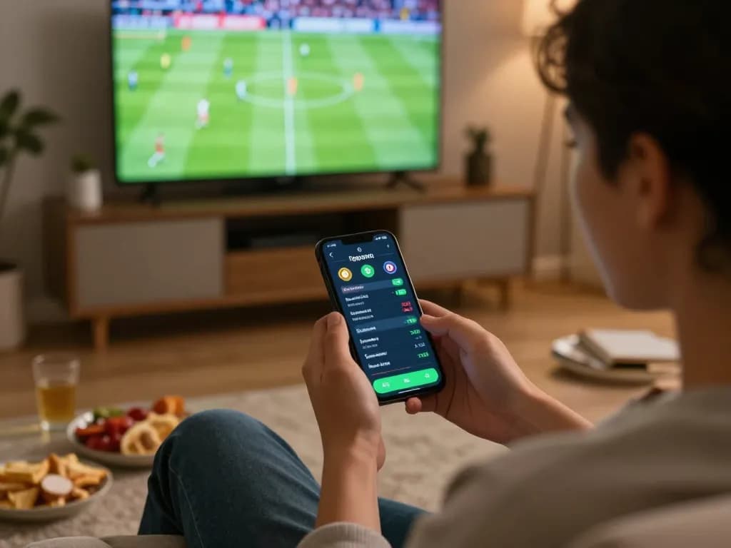 Person engaging in kèo nhà cái hôm nay while watching live sports on TV, creating a blend of excitement and social interaction.