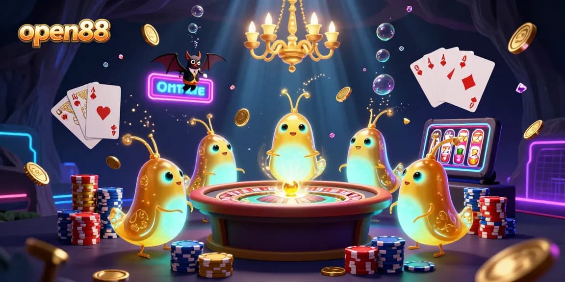 Engage with open88 in a vibrant casino scene featuring glowworms and dazzling casino elements.