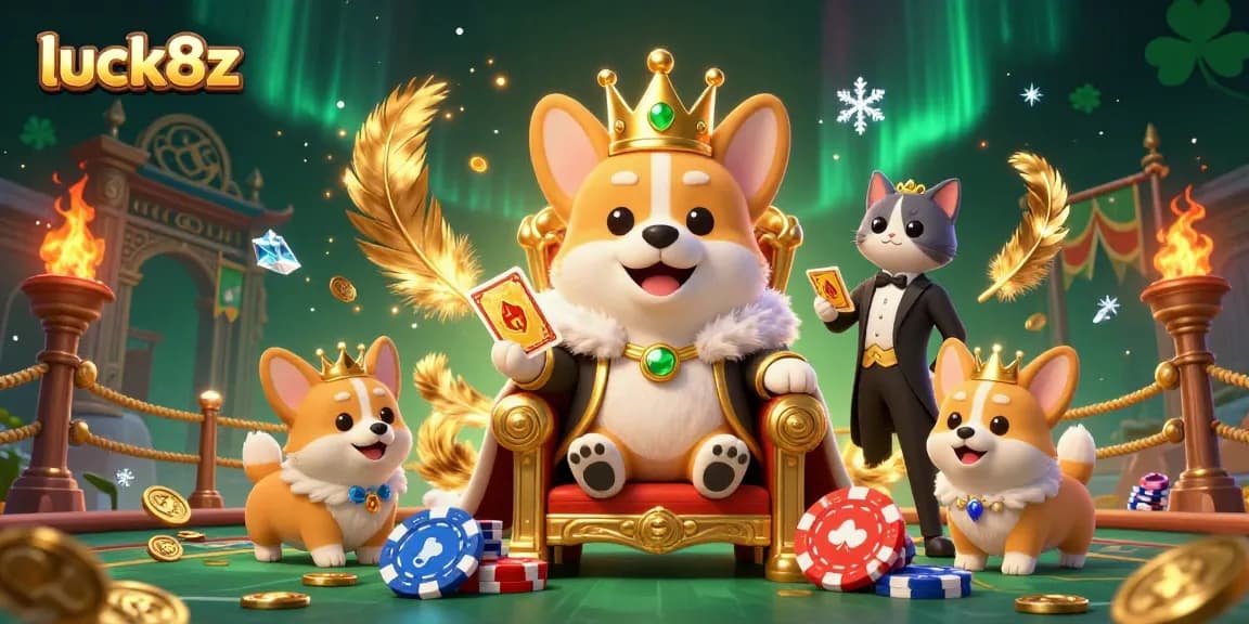 Engage in thrilling games at luck8z, depicted in a vibrant illustration with royal corgi and dazzling casino elements.