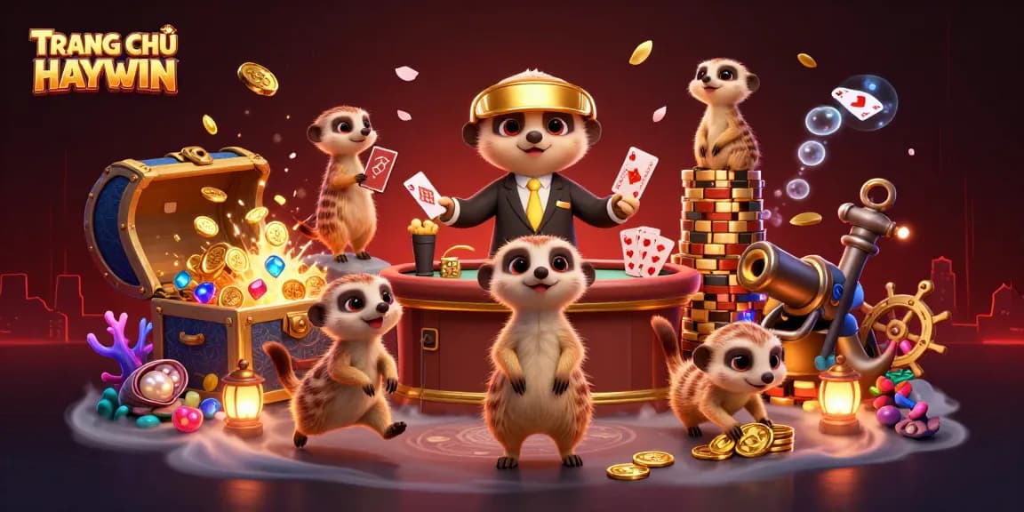 Experience the excitement of TRANG CHỦ HAYWIN with playful meerkats managing a dynamic casino scene.