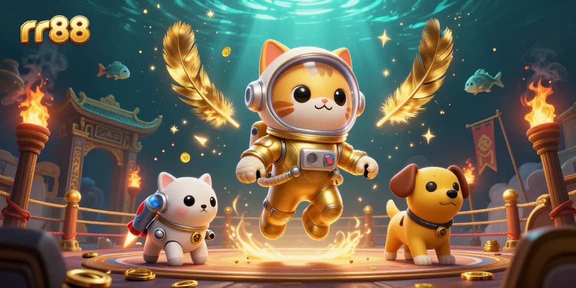 Engage in exciting gaming adventures with rr88 in a vibrant 3D illustration featuring a space cat and robotic dog.