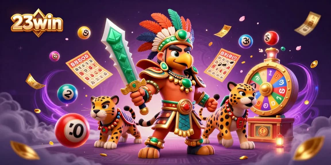 Engage in thrilling action at 23win with colorful lottery elements and Aztec warriors.