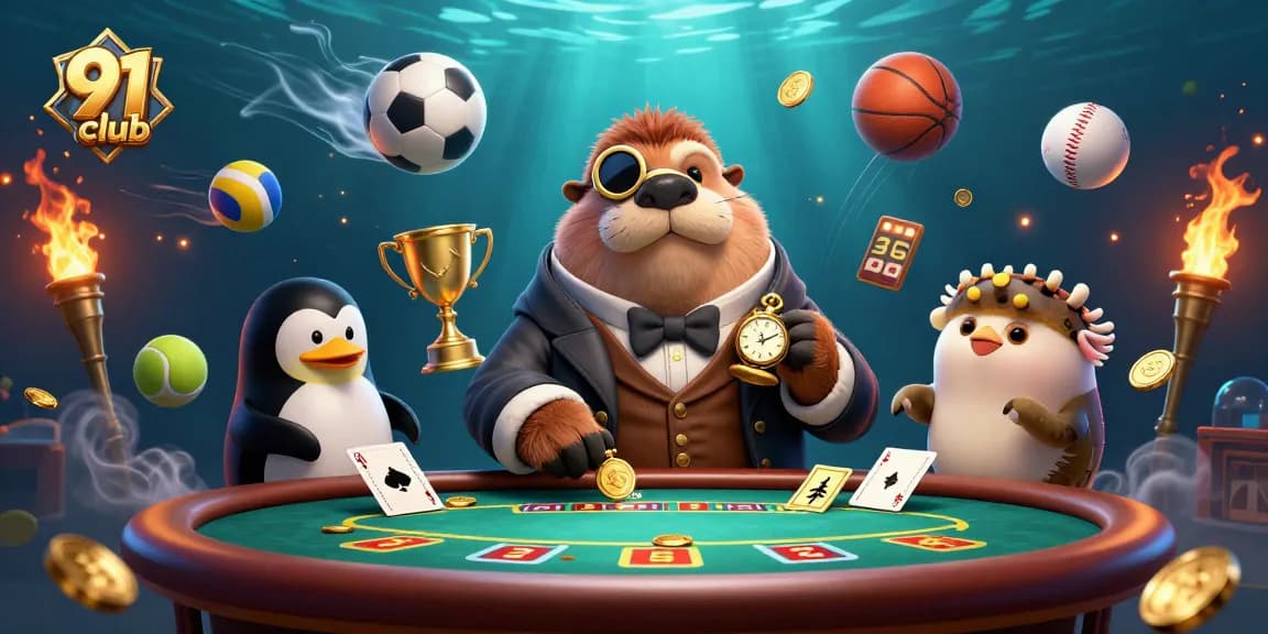91 club players enjoying a vibrant underwater poker game with unique characters and dynamic elements.