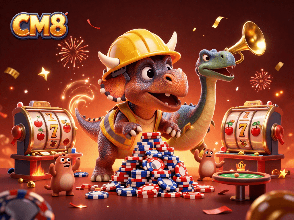 CM8 celebrates winning strategies with triceratops and parasaurolophus in a lively casino scene.
