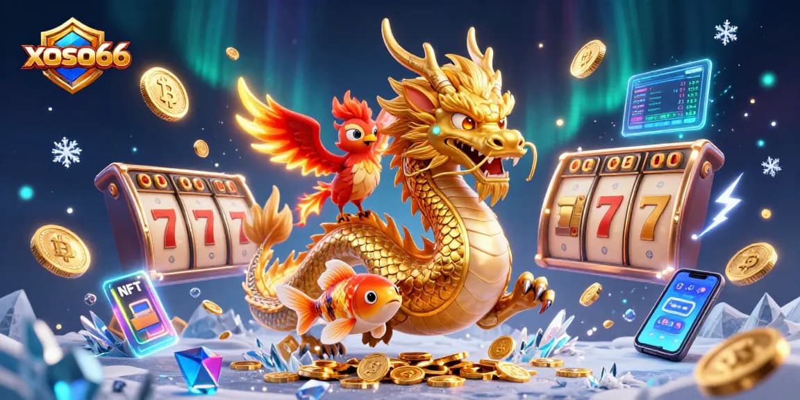 Experience xoso66's vibrant casino magic with golden dragon, phoenix, and koi fish amidst a treasure of coins.