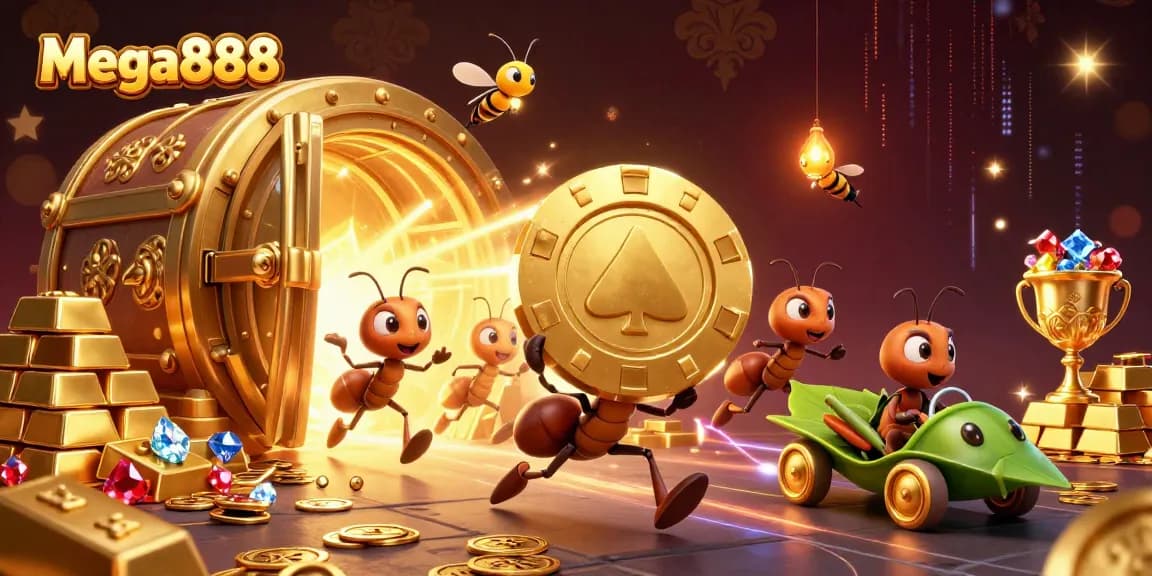 Mega888 menampilkan pasukan ant 3D berpakat mencuri cip poker emas raksasa dalam suasana kasino menarik.