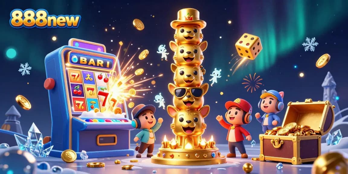 Engage with the vibrant world of 888new featuring a golden totem pole, dynamic slot machine, and exciting casino elements.