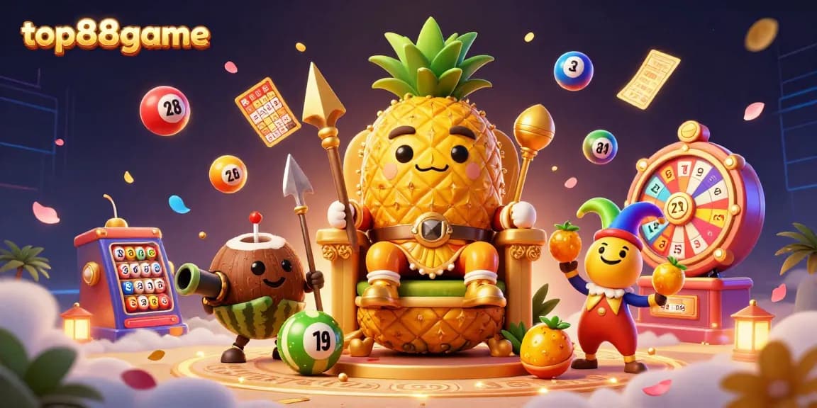 Experience the excitement of top88game with a vibrant casino scene featuring a golden pineapple king and dynamic game elements.