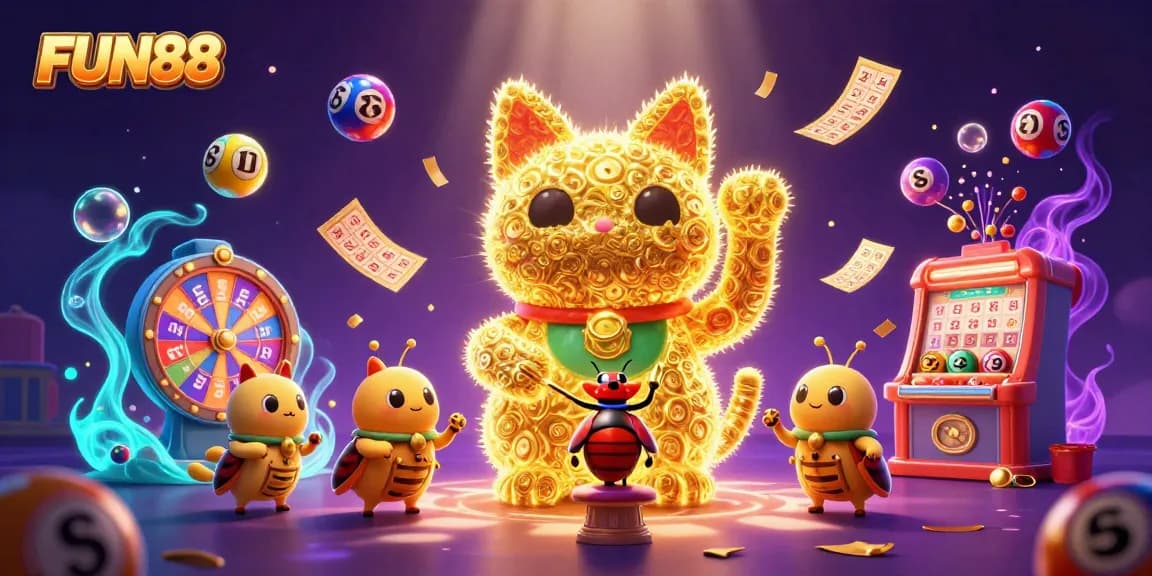 Engage with FUN88's vibrant casino world surrounded by colorful lottery elements and a lucky cat symbolizing luck.