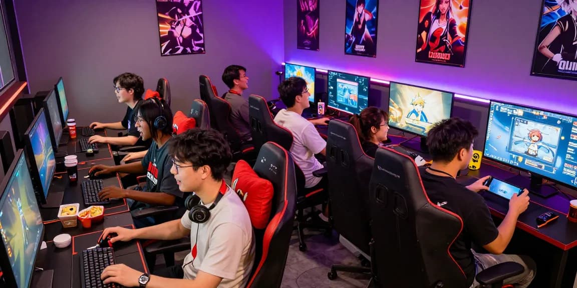 Group enjoying hentaigame in a vibrant gaming lounge with snacks and neon lights.