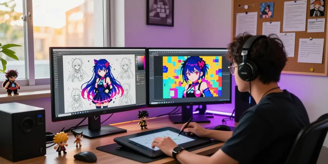 Creating stunning AI ecchi art in a vibrant digital workspace with anime characters.
