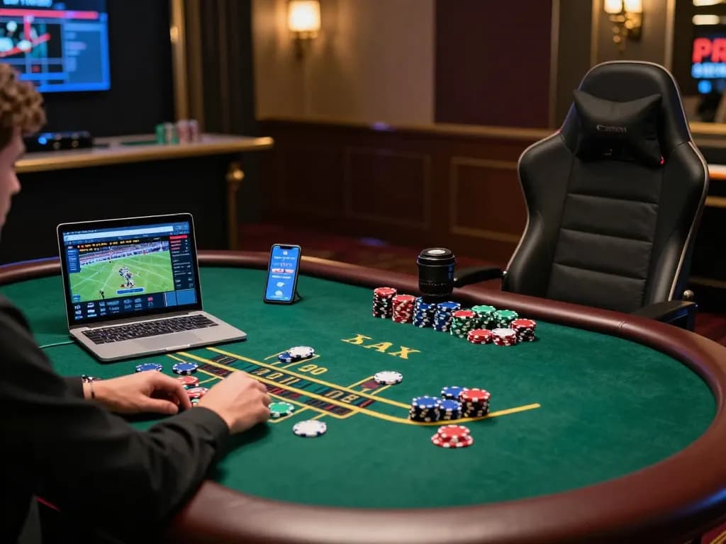 Player engaging with F8BET live dealer blackjack on laptop with colorful chips on the table.