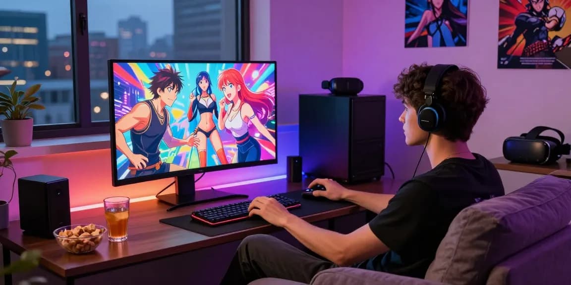 Engaging ecchi game scene with a young man gaming in a cozy apartment.