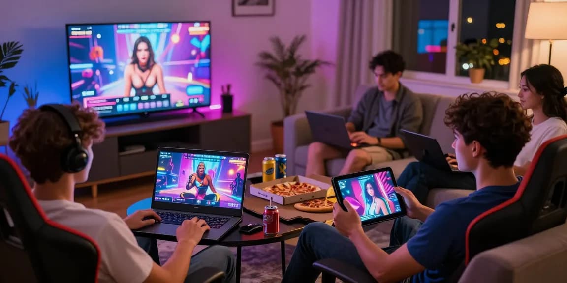 Play porn games with friends in a cozy living room filled with excitement and colorful lights.
