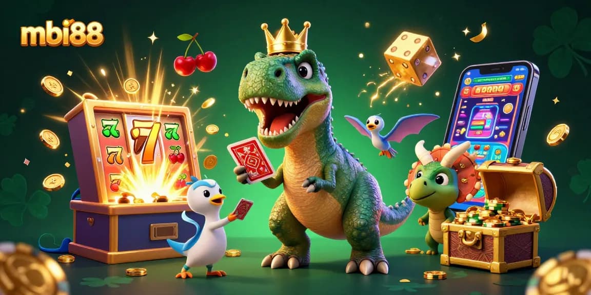 Spin the reels of mbi88 with a T-Rex dealer, pterodactyl assistant, and vibrant casino elements.