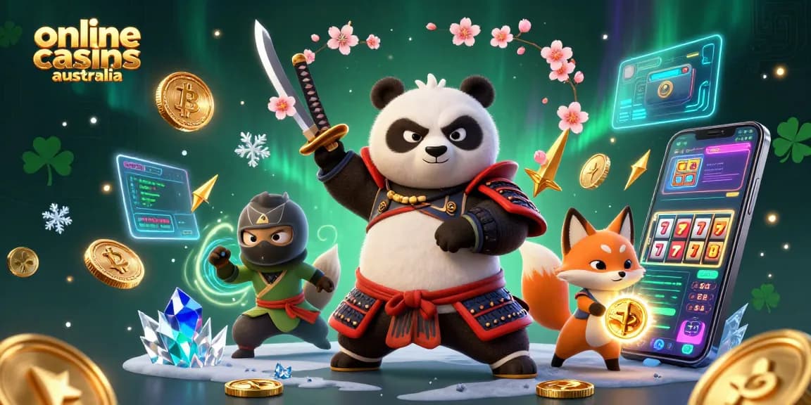 Engage with online casinos Australia featuring a dynamic scene of a samurai panda and ninja fox amidst vibrant gaming elements.