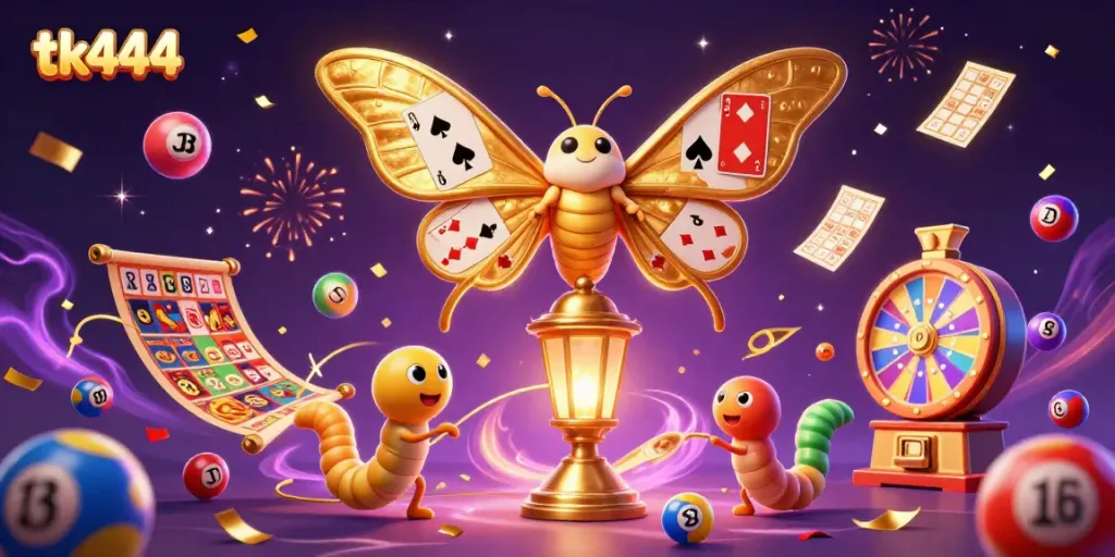Win exciting prizes at tk444 with a lively illustration of golden moths and dynamic casino elements.