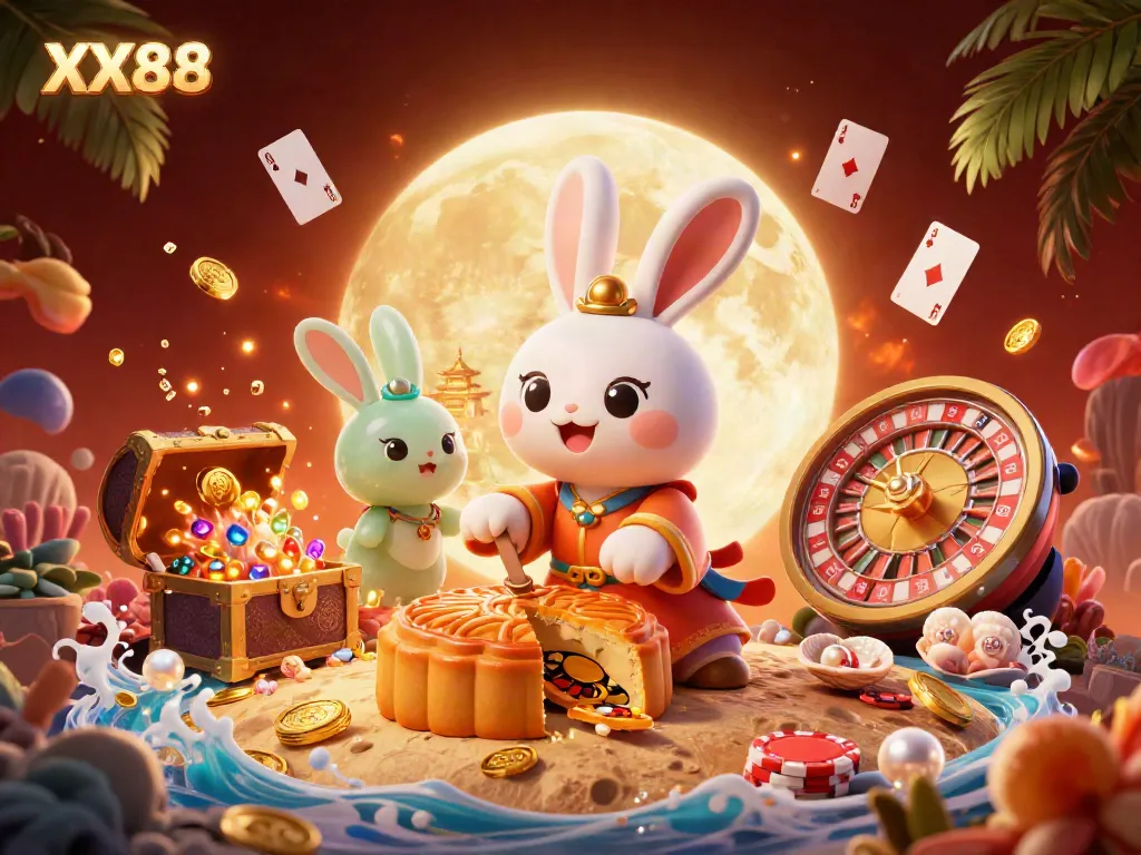 Experience the excitement of XX88 with a vibrant 3D scene featuring a moon rabbit surrounded by poker elements and treasures.