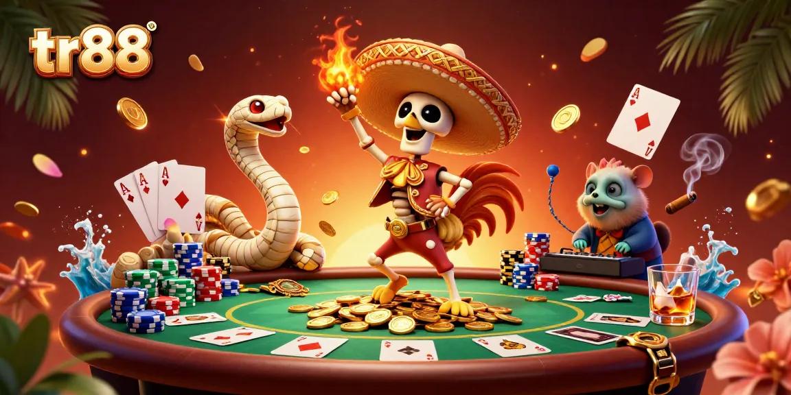 tr88 gambler celebrates as golden coins scatter on a poker table in a vibrant 3D casino scene.