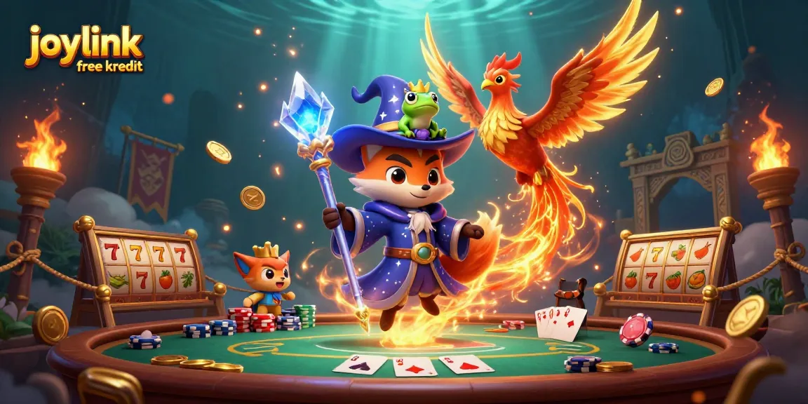Engage with joylink free kredit in this vibrant 3D casino scene featuring mystical characters and rich game elements.